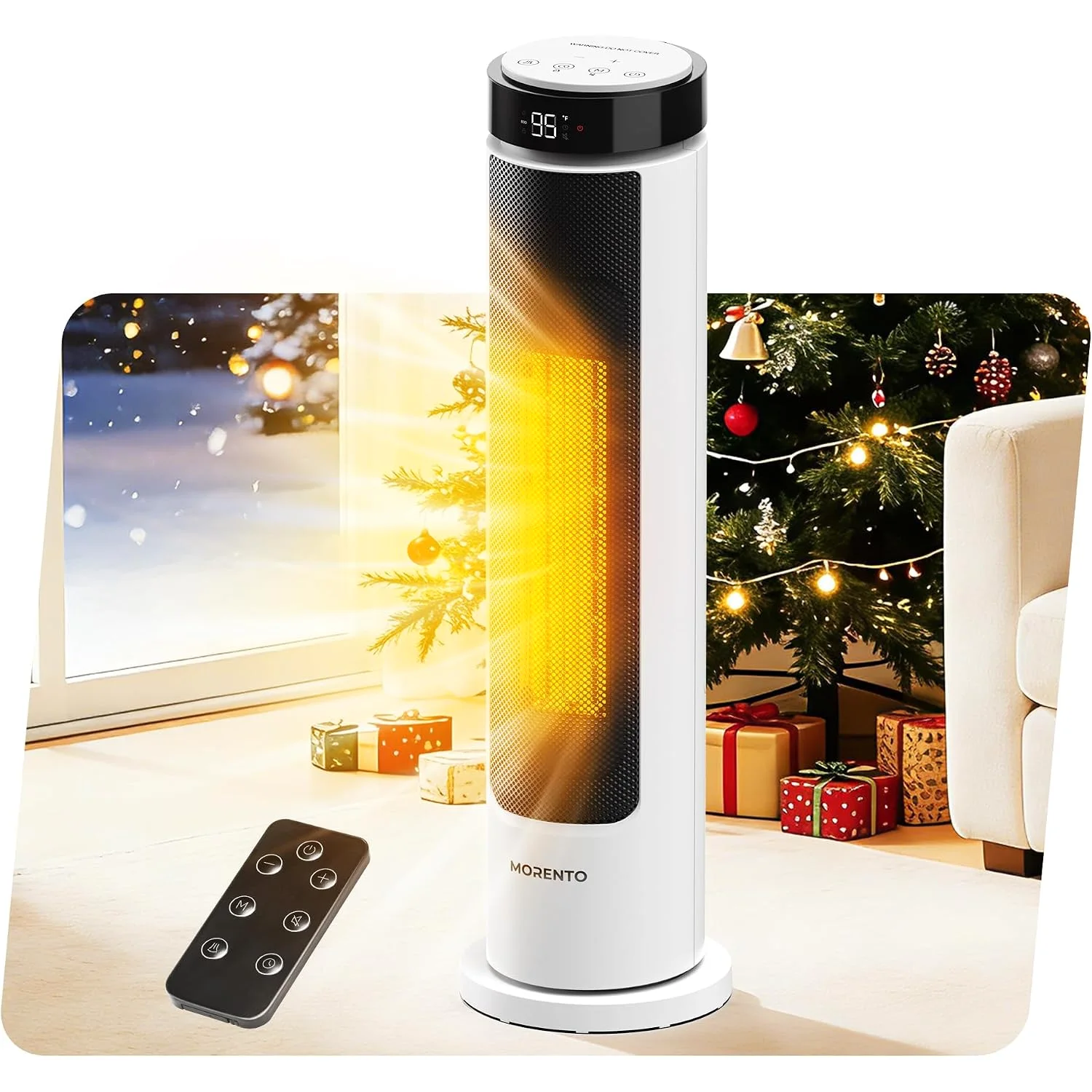 MORENTO tower heater beside a Christmas tree