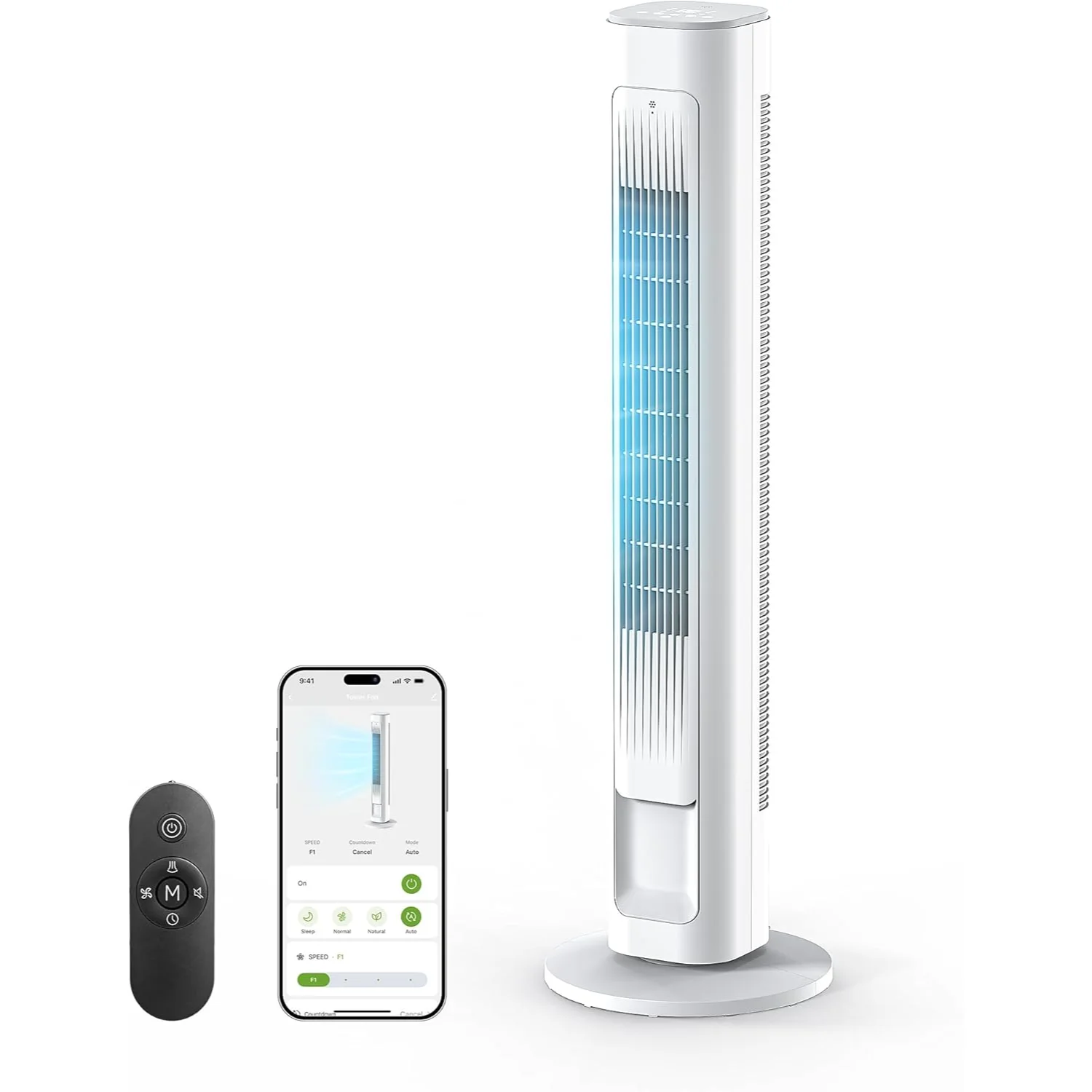 White MORENTO tower fan with remote and app